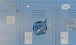 a locker with the GVMS logo: a dark blue hawk with the words Gainesville Middle School