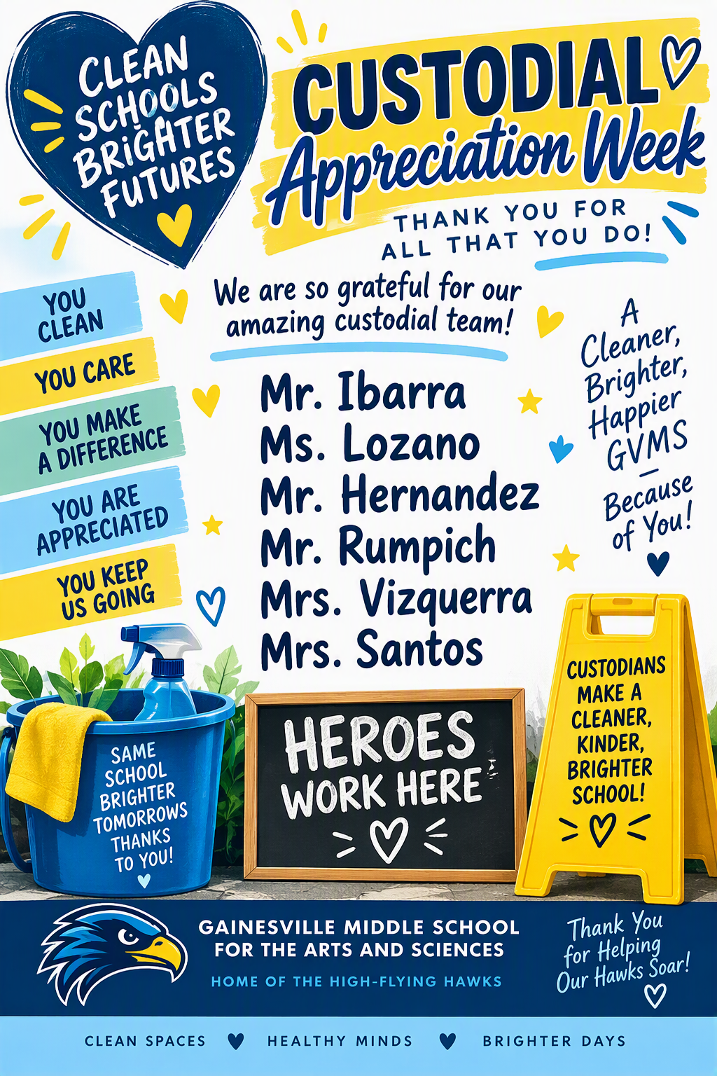 Colorful poster celebrating Custodial Appreciation Week at Gainesville Middle School for the Arts and Sciences, thanking the custodial team and listing six staff members by name alongside cleaning-themed illustrations and messages of appreciation.