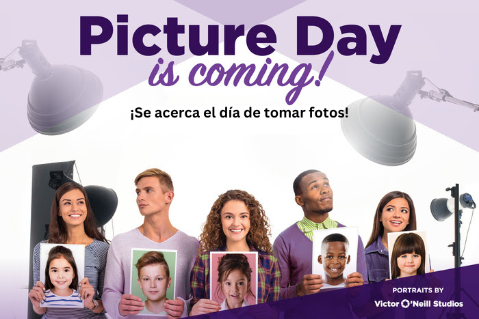 Promotional flyer for school picture day with the headline “Picture Day is coming!” in large purple text and the Spanish message “¡Se acerca el día de tomar fotos!” beneath it. Five people stand in a photography studio holding printed portrait photos of children, surrounded by studio lights and photography equipment. A purple banner in the bottom right corner reads, “Portraits by Victor O’Neill Studios.” The design uses purple and white colors and emphasizes an upcoming professional portrait event.